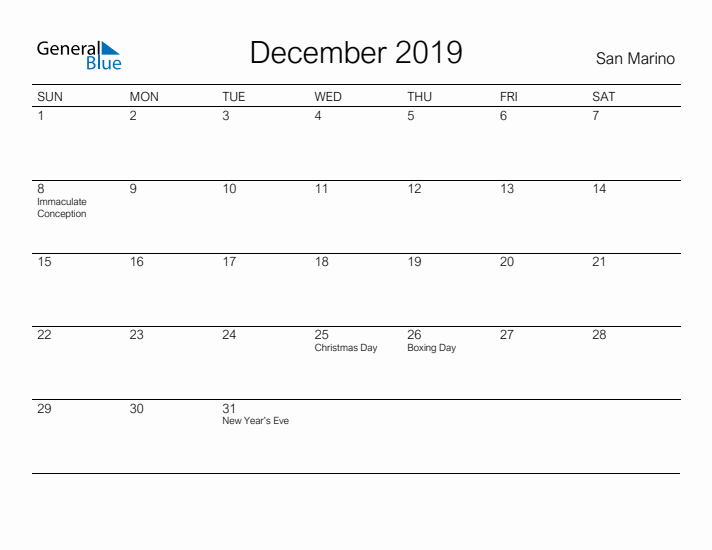 Printable December 2019 Monthly Calendar with Holidays for San Marino