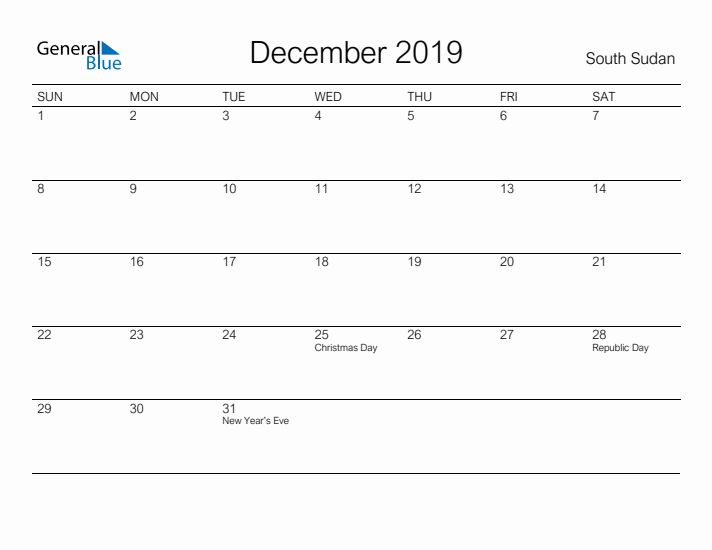Printable December 2019 Calendar for South Sudan