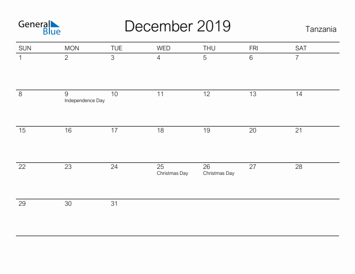 Printable December 2019 Calendar for Tanzania