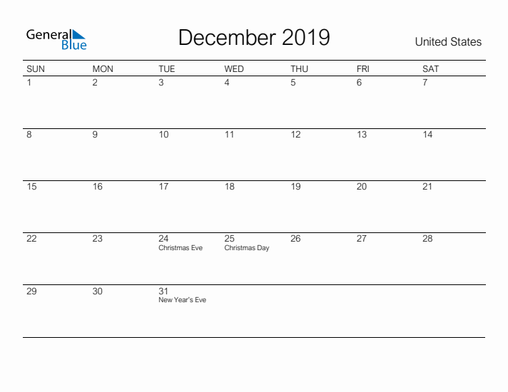 Printable December 2019 Calendar for United States