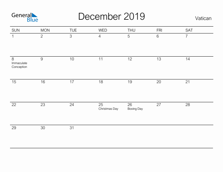 Printable December 2019 Calendar for Vatican