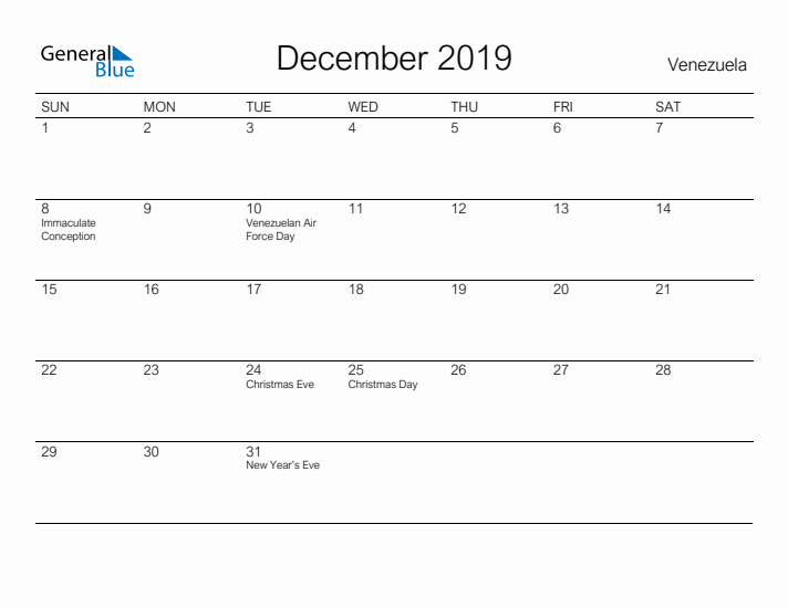 Printable December 2019 Calendar for Venezuela
