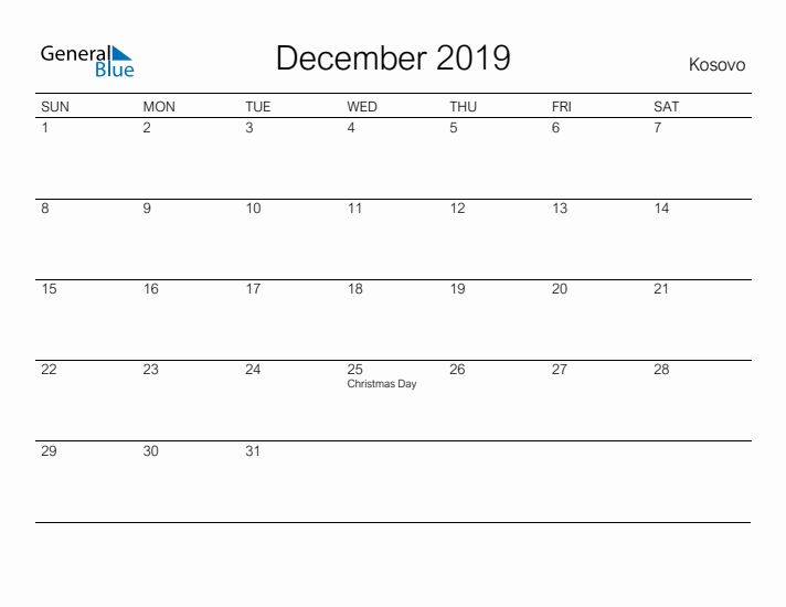 Printable December 2019 Calendar for Kosovo