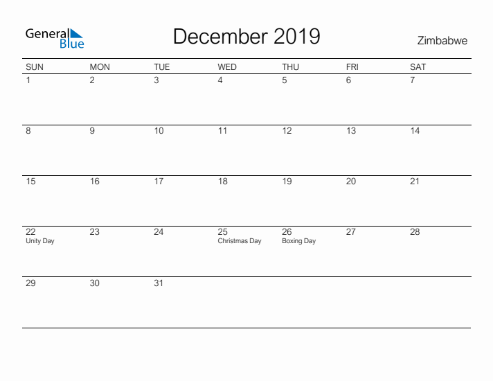 Printable December 2019 Calendar for Zimbabwe