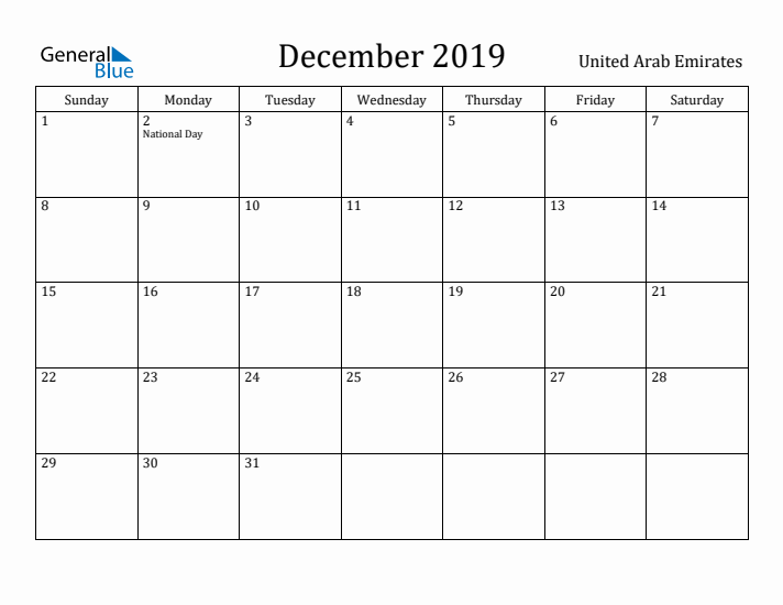 December 2019 Calendar United Arab Emirates