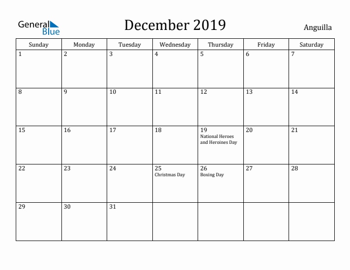 December 2019 Calendar Anguilla