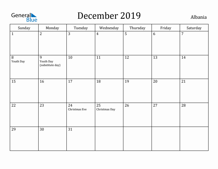 December 2019 Calendar Albania