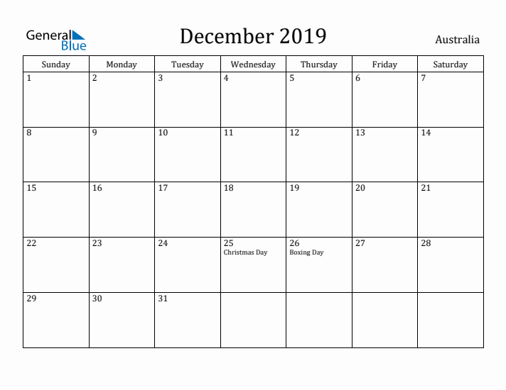 December 2019 Calendar Australia