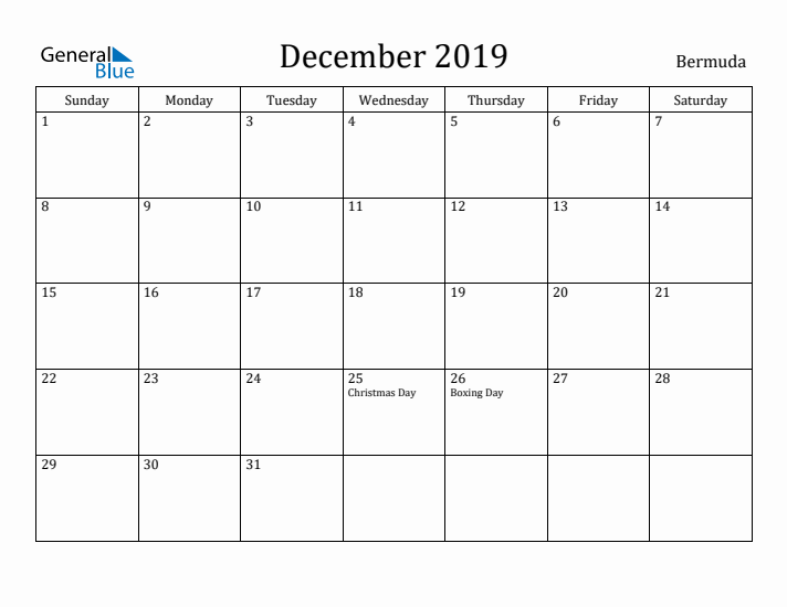 December 2019 Calendar Bermuda