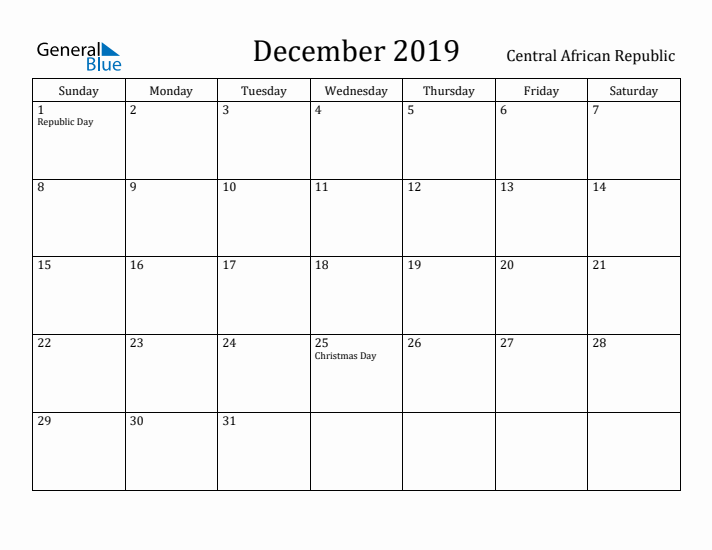 December 2019 Calendar Central African Republic