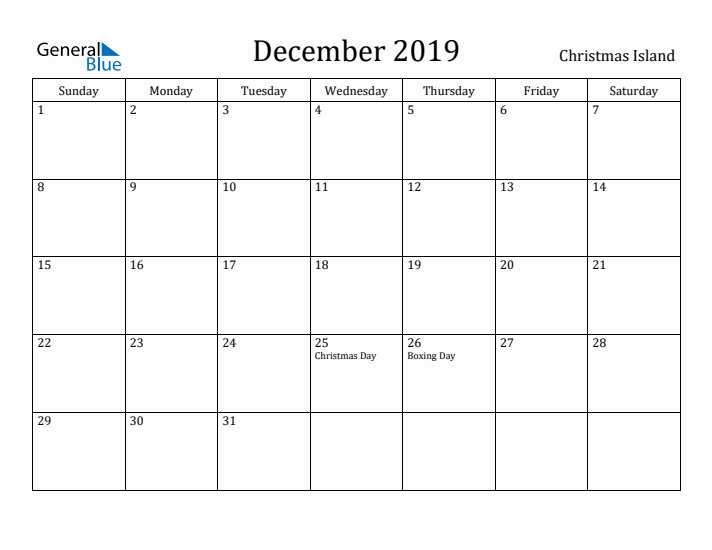 December 2019 Calendar Christmas Island
