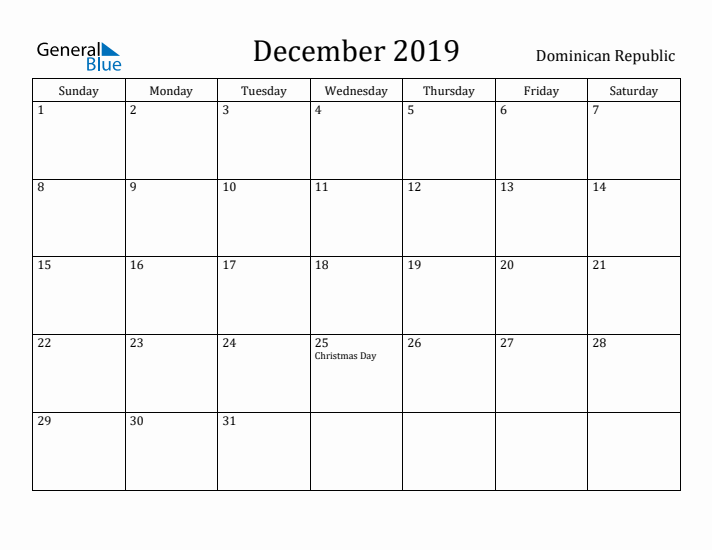 December 2019 Calendar Dominican Republic