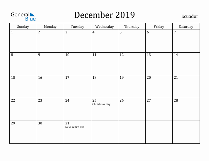 December 2019 Calendar Ecuador