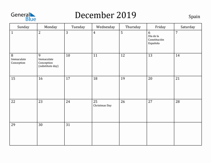 December 2019 Calendar Spain