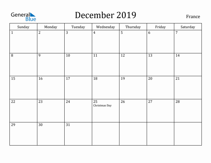December 2019 Calendar France