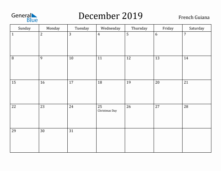 December 2019 Calendar French Guiana