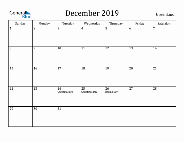 December 2019 Calendar Greenland