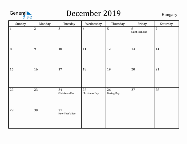 December 2019 Calendar Hungary