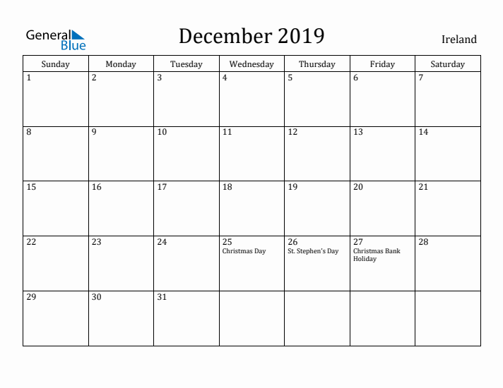 December 2019 Calendar Ireland
