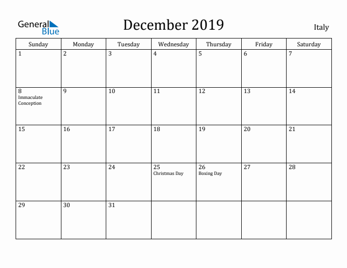 December 2019 Calendar Italy