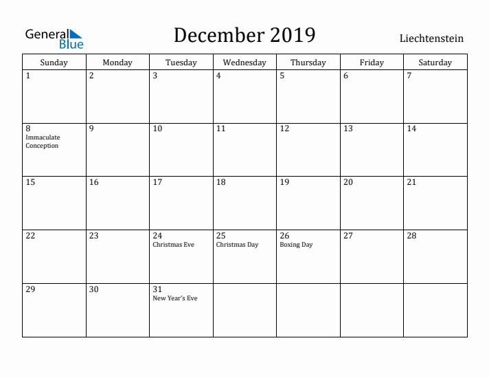 December 2019 Calendar Liechtenstein