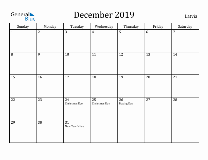 December 2019 Calendar Latvia