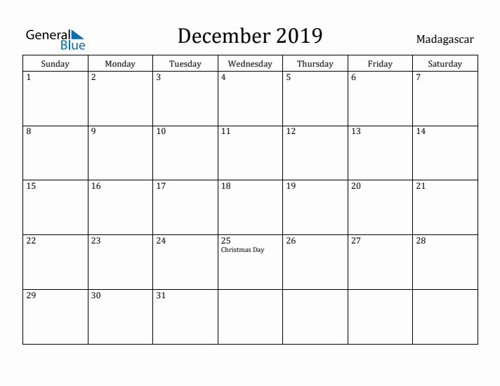 December 2019 Calendar Madagascar