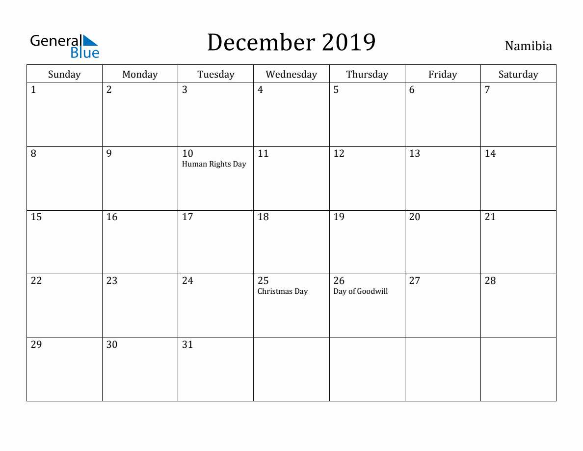 December 2019 Monthly Calendar with Namibia Holidays