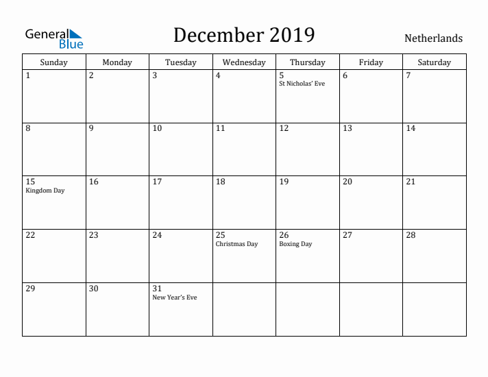 December 2019 Calendar The Netherlands