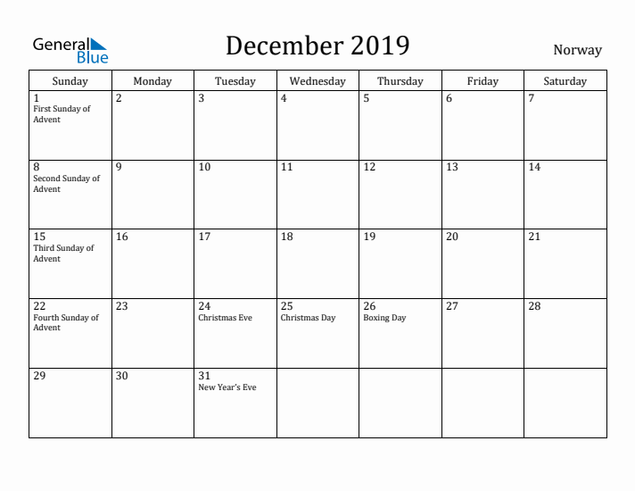 December 2019 Calendar Norway