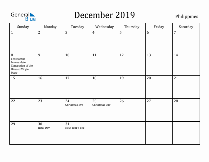December 2019 Calendar Philippines