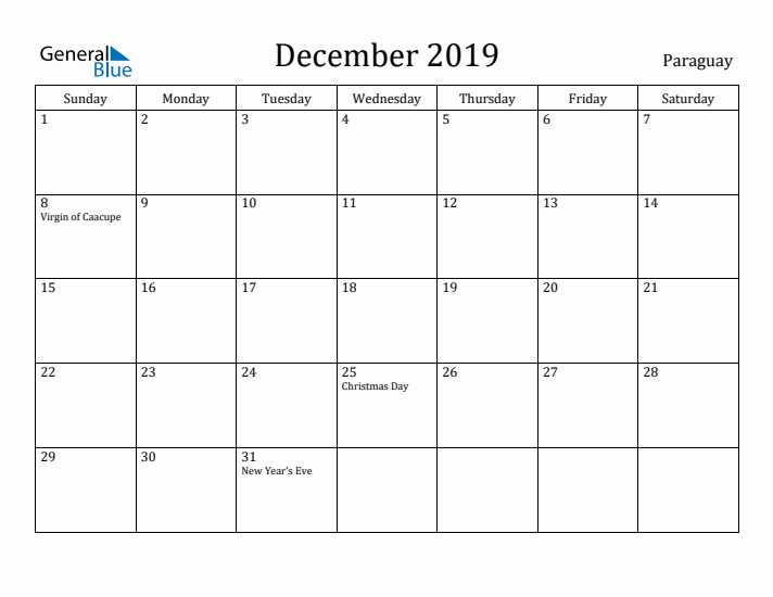 December 2019 Calendar Paraguay