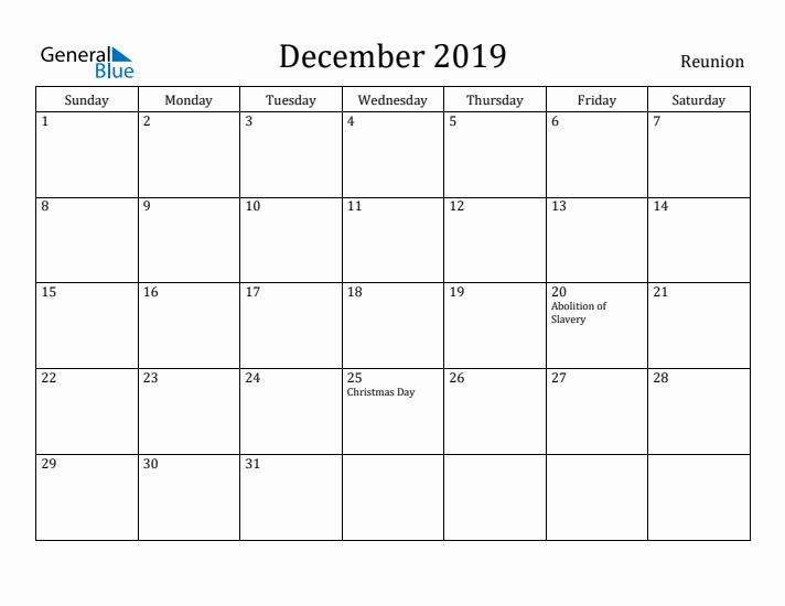 December 2019 Monthly Calendar with Reunion Holidays