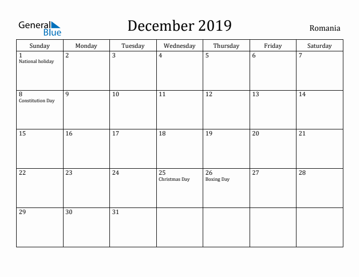 December 2019 Calendar Romania