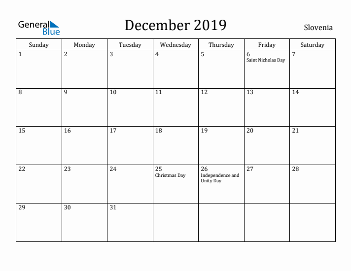 December 2019 Calendar Slovenia