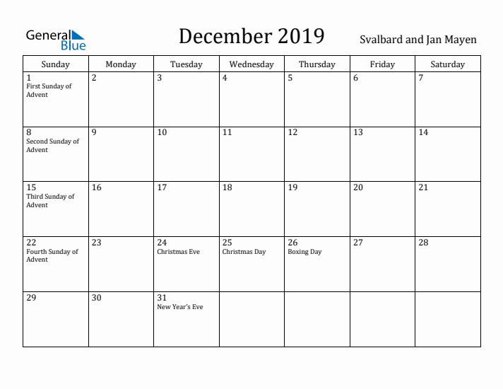 December 2019 Calendar Svalbard and Jan Mayen