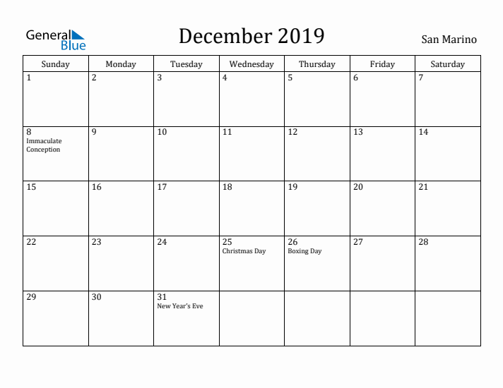 December 2019 Calendar San Marino
