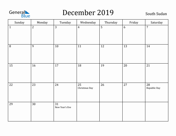 December 2019 Calendar South Sudan