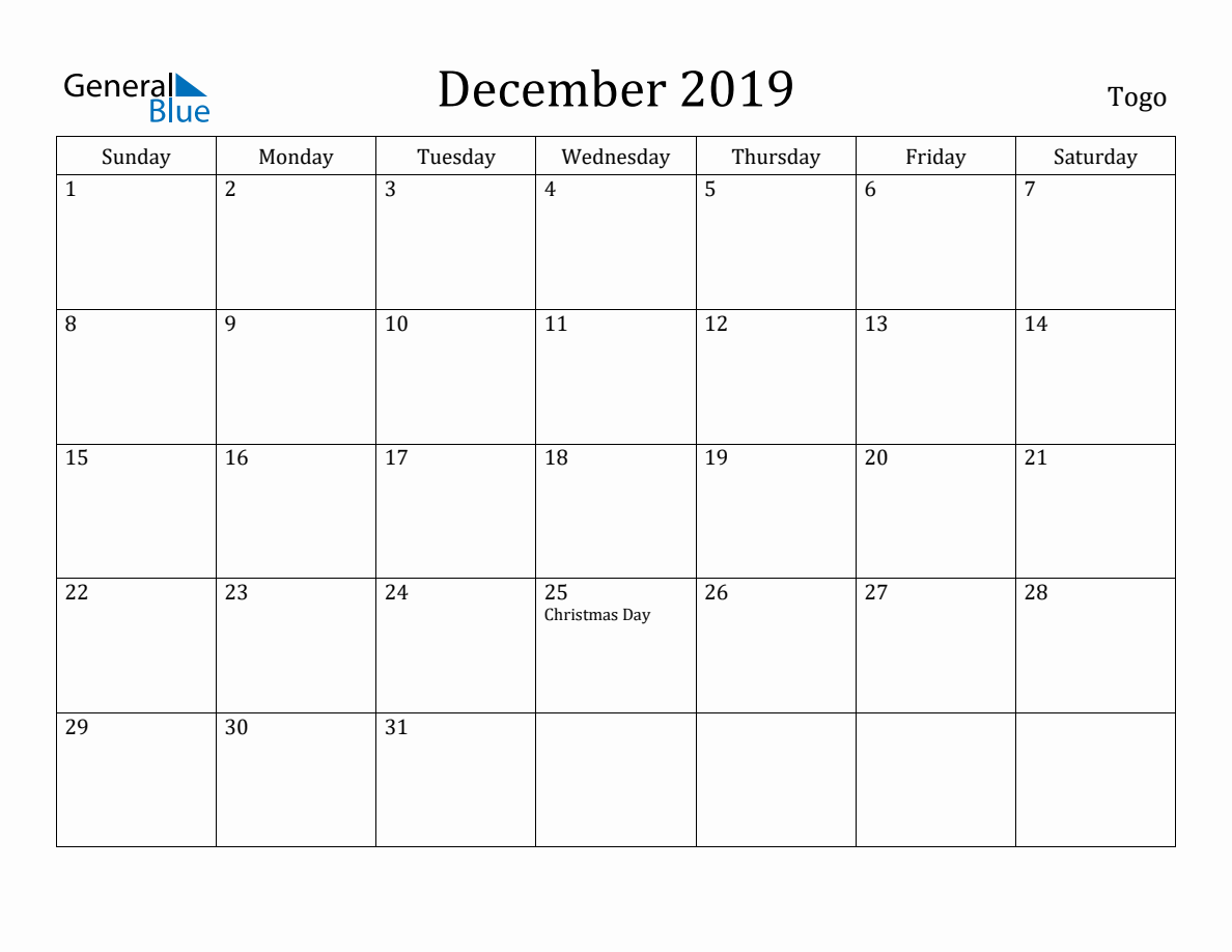 December 2019 Monthly Calendar with Togo Holidays