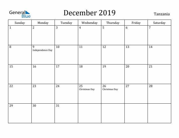 December 2019 Calendar Tanzania