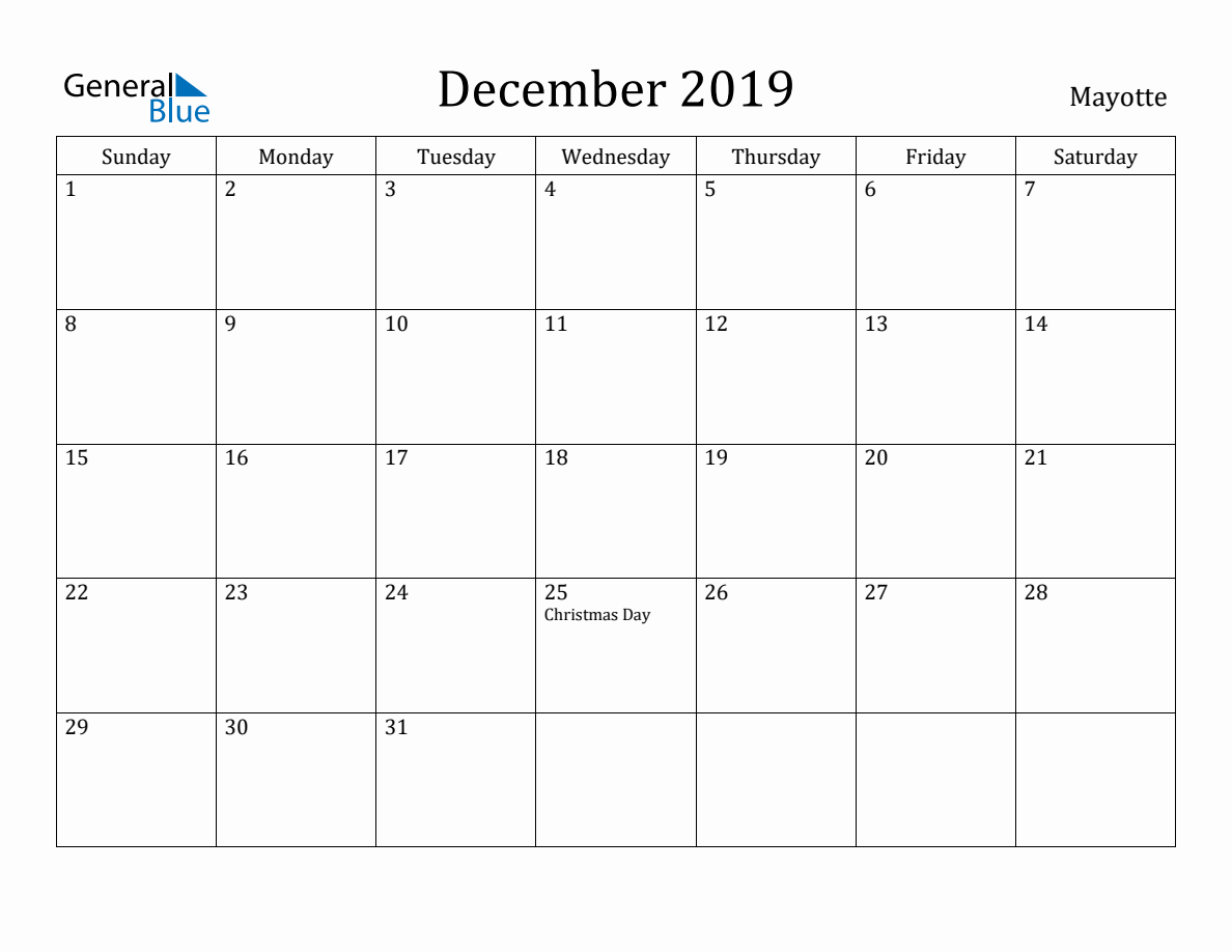 December 2019 Monthly Calendar with Mayotte Holidays