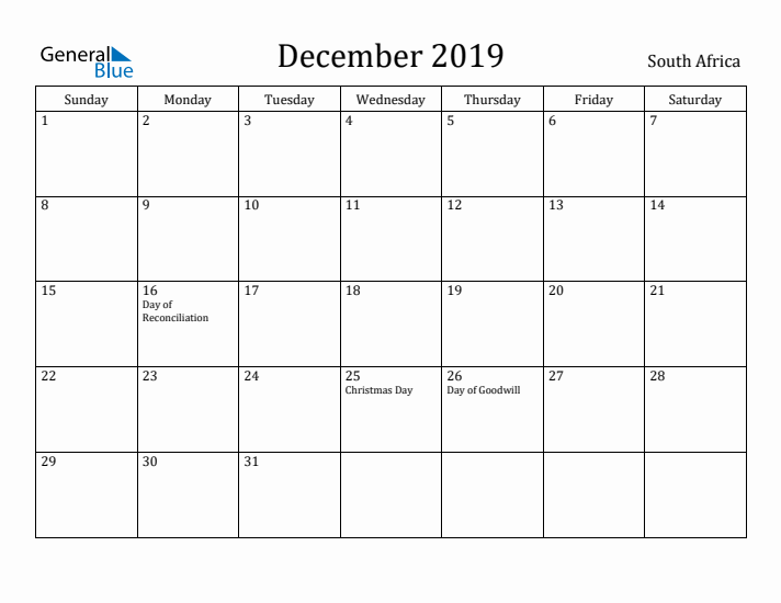 December 2019 Calendar South Africa