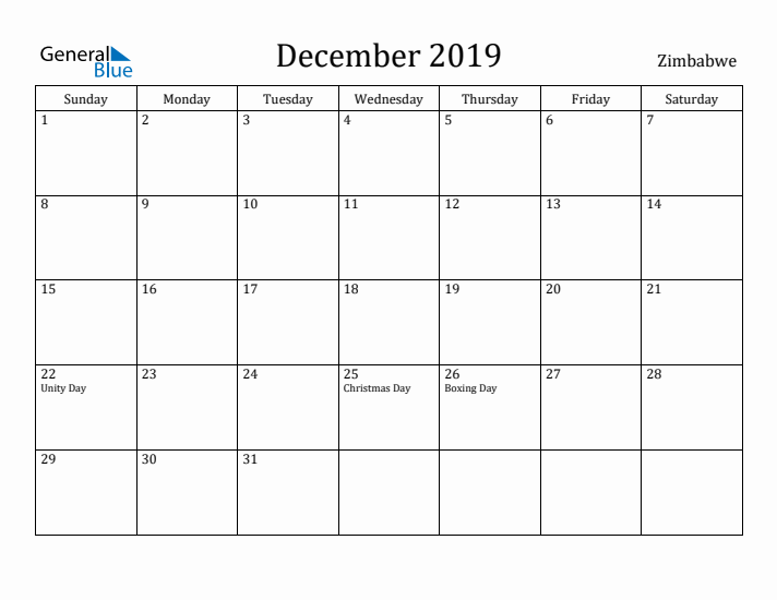 December 2019 Calendar Zimbabwe
