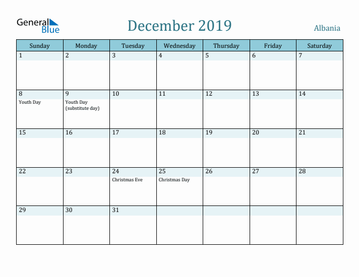 December 2019 Calendar with Holidays