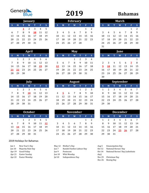 2019 Bahamas Calendar with Holidays