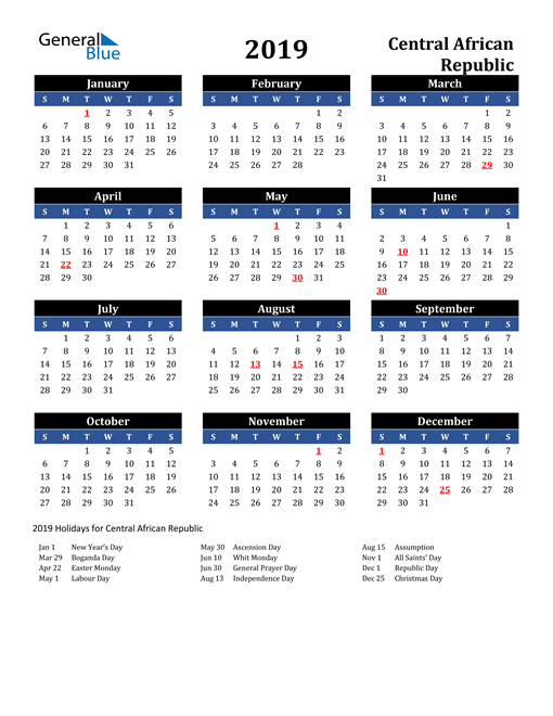 2019 Central African Republic Calendar with Holidays