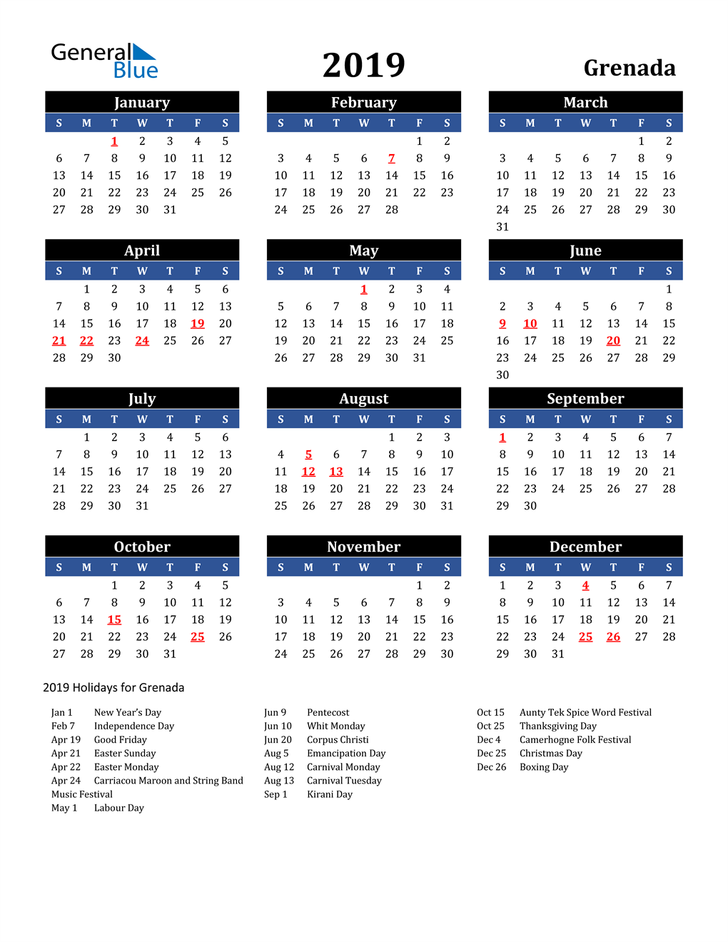 2019 Grenada Calendar with Holidays
