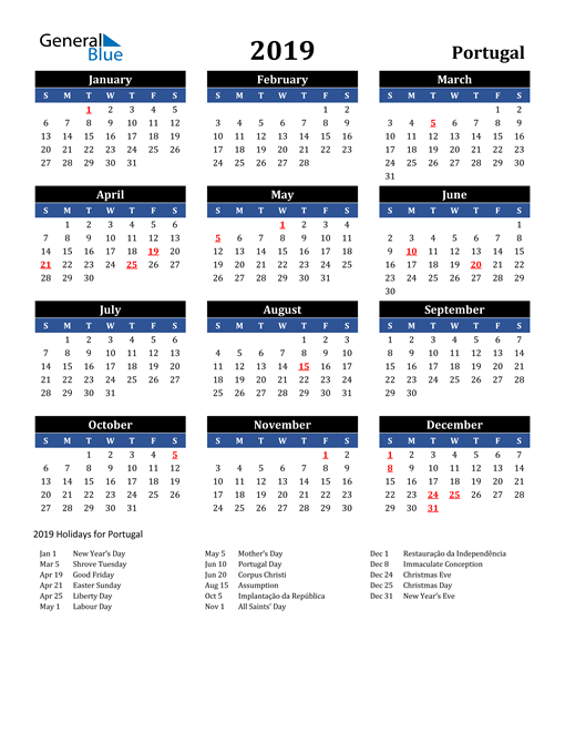 2019 calendar portugal with holidays