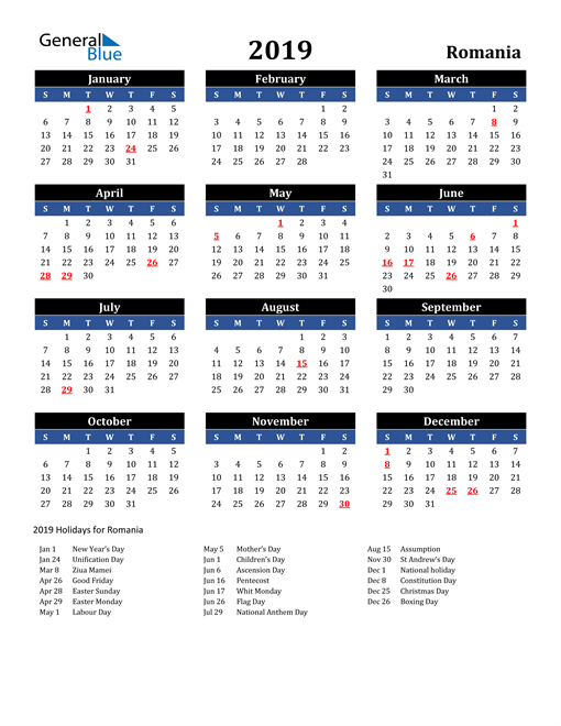 2019 Romania Calendar with Holidays