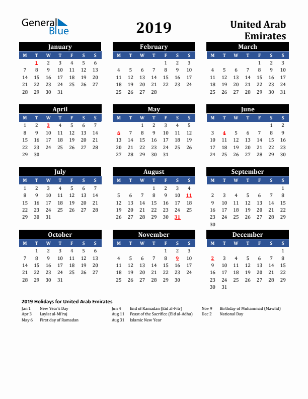 2019 United Arab Emirates Holiday Calendar
